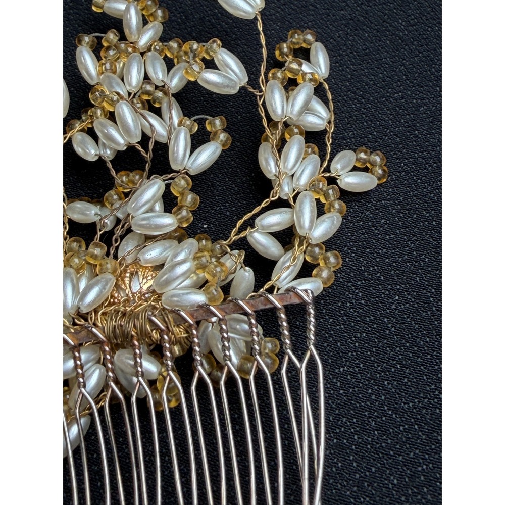 Vintage Pearl and Amber Bead Floral Metal Hair Comb Bridal Wedding Accessory - Picture 11 of 11